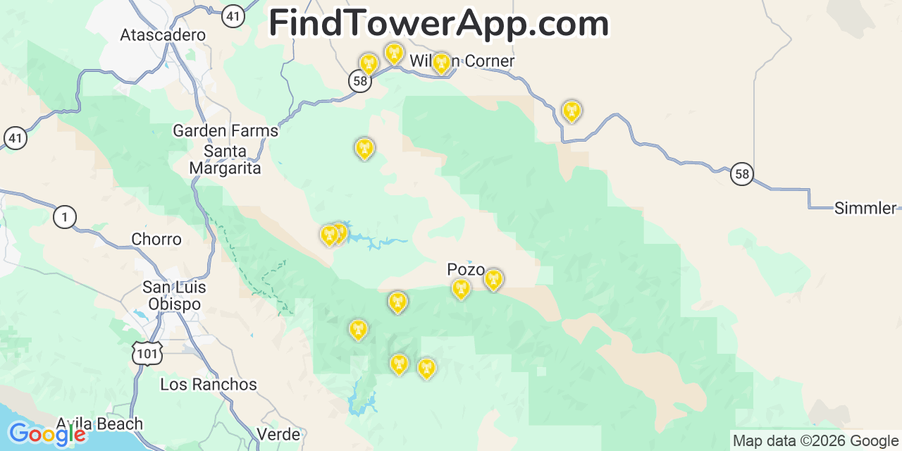 Map showing the 20 primary cell tower locations detected in San Luis Obispo, California from AT&T, Verizon, and T-Mobile networks