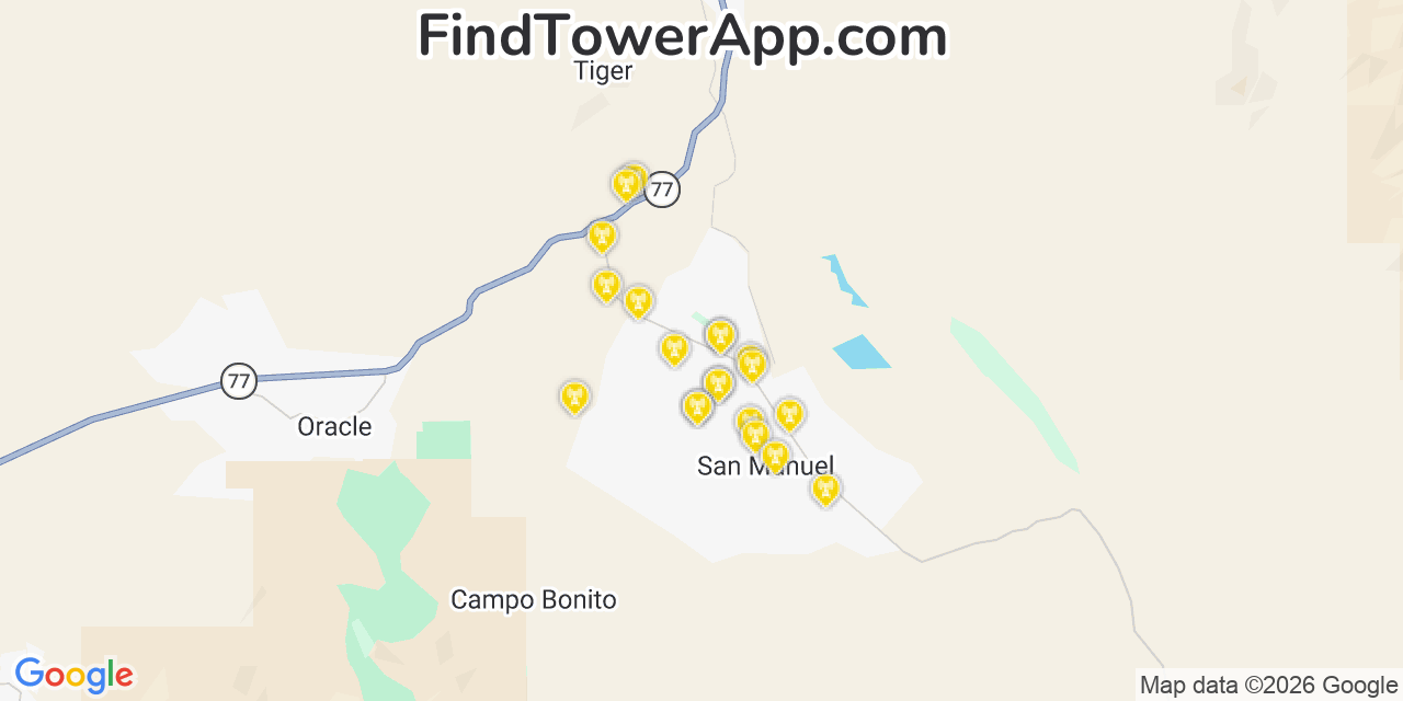 Map showing the 20 primary cell tower locations detected in San Manuel, Arizona from AT&T, Verizon, and T-Mobile networks