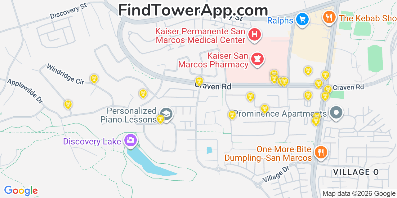 Map showing the 20 primary cell tower locations detected in San Marcos, California from AT&T, Verizon, and T-Mobile networks