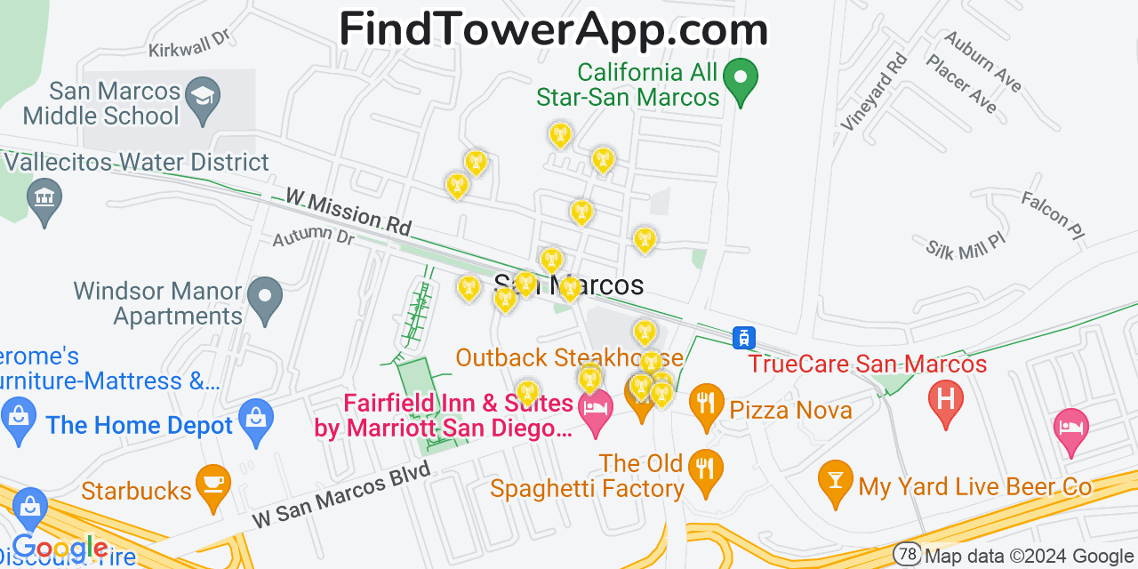 Verizon 4G/5G cell tower coverage map San Marcos, California