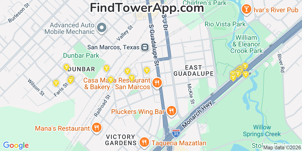 Map showing the 20 primary cell tower locations detected in San Marcos, Texas from AT&T, Verizon, and T-Mobile networks
