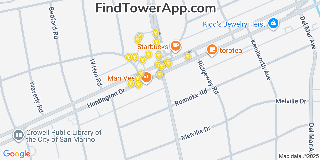 Map showing the 20 primary cell tower locations detected in San Marino, California from AT&T, Verizon, and T-Mobile networks