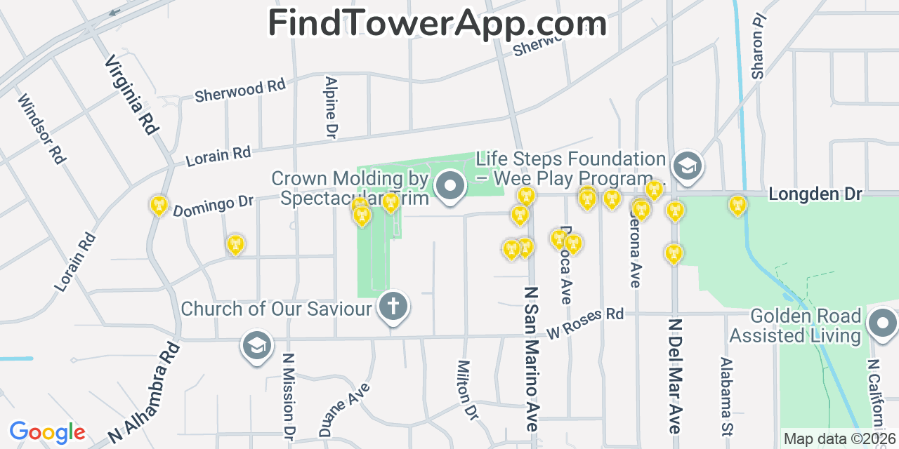 Map showing the 20 primary cell tower locations detected in San Marino, California from AT&T, Verizon, and T-Mobile networks