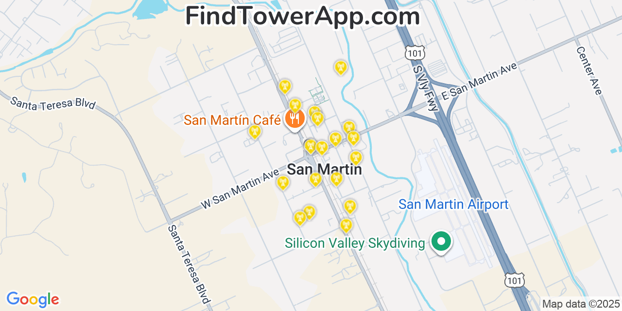 Map showing the 20 primary cell tower locations detected in San Martin, California from AT&T, Verizon, and T-Mobile networks