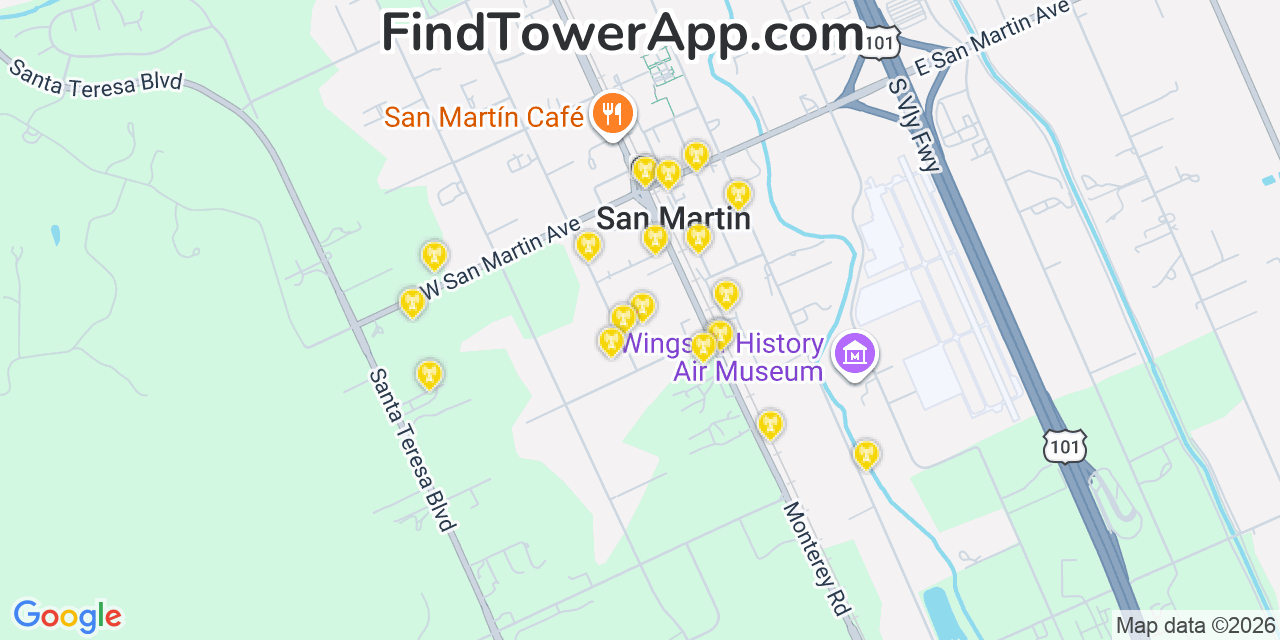 Map showing the 20 primary cell tower locations detected in San Martin, California from AT&T, Verizon, and T-Mobile networks