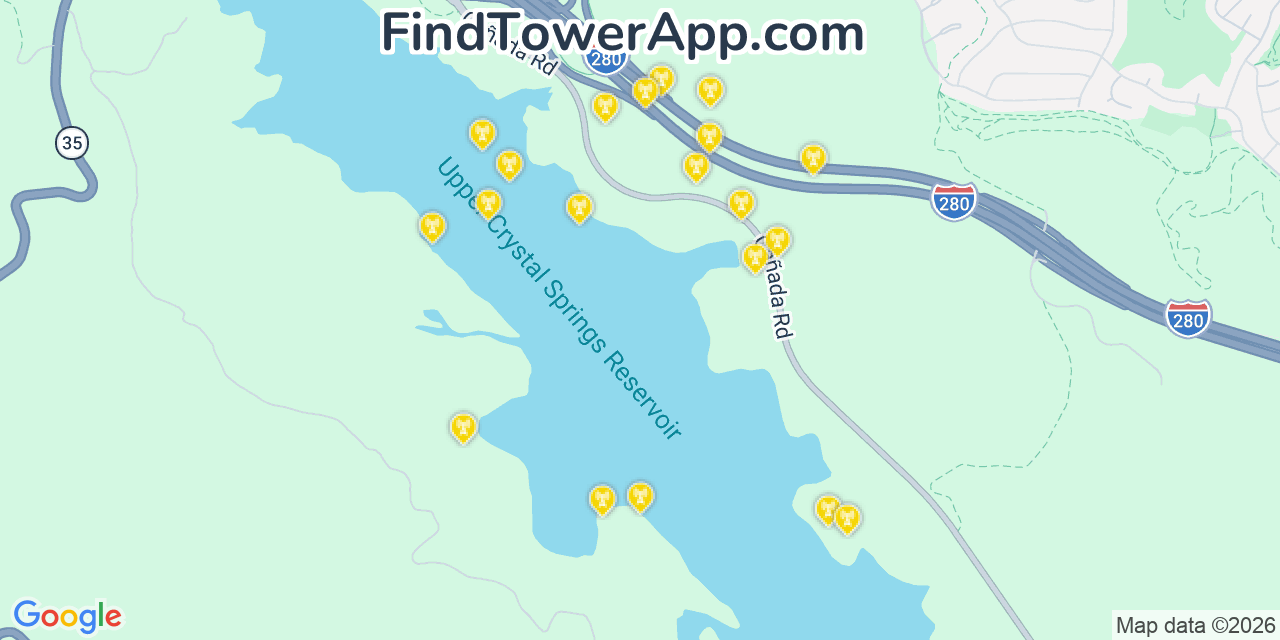 Map showing the 20 primary cell tower locations detected in San Mateo, California from AT&T, Verizon, and T-Mobile networks