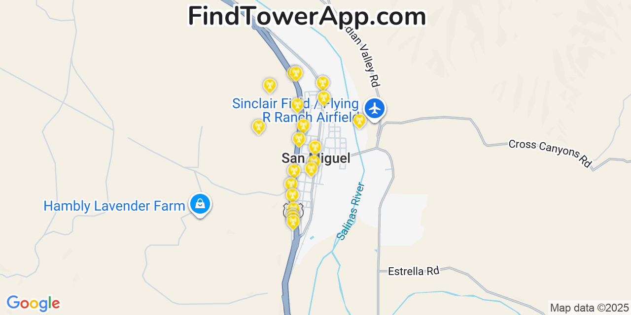 Map showing the 20 primary cell tower locations detected in San Miguel, California from AT&T, Verizon, and T-Mobile networks