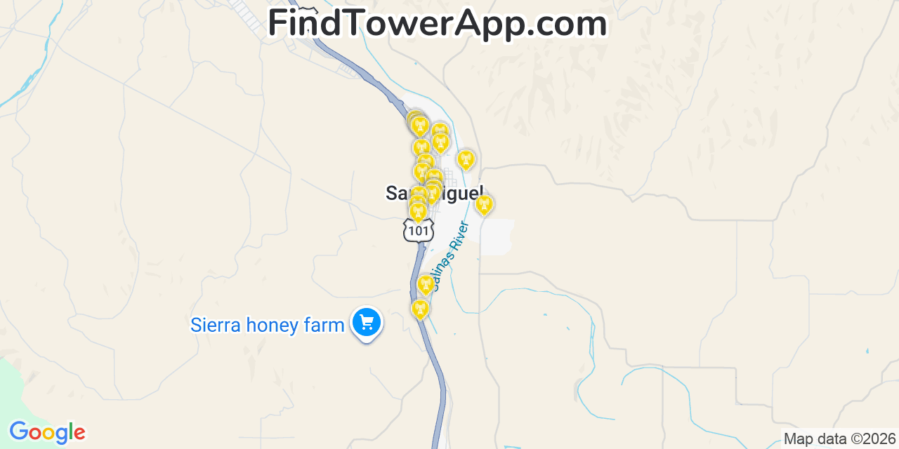 Map showing the 20 primary cell tower locations detected in San Miguel, California from AT&T, Verizon, and T-Mobile networks