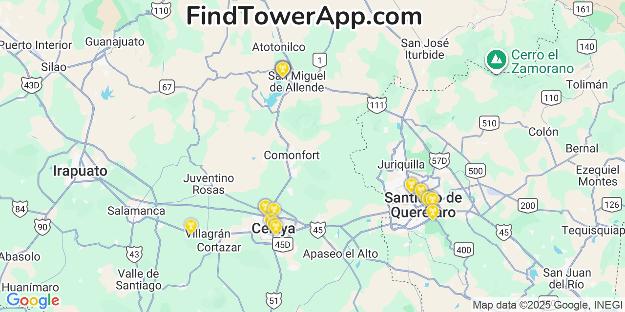 Map showing the 24 primary AT&T cell tower locations detected in San Miguel De Allende, Mexico with coverage radius and signal strength indicators