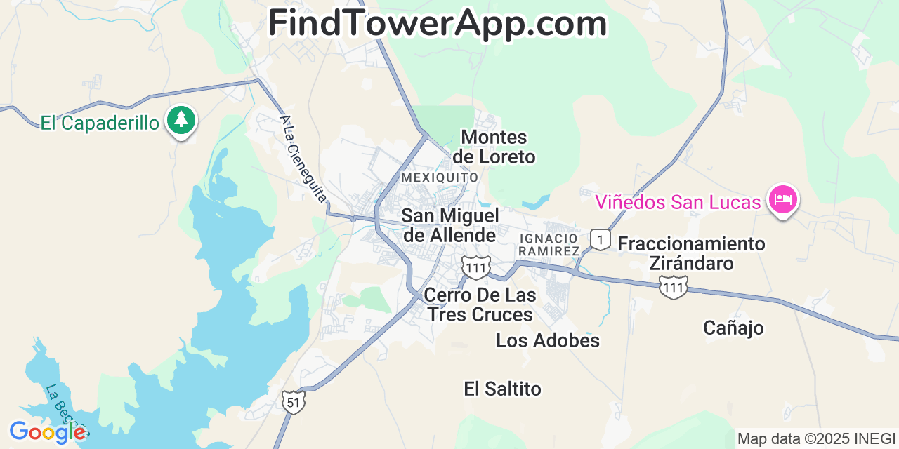 Map showing the 0 primary Altán-Redes-S.A.P.I.-de-C.V. cell tower locations detected in San Miguel De Allende, Mexico with coverage radius and signal strength indicators