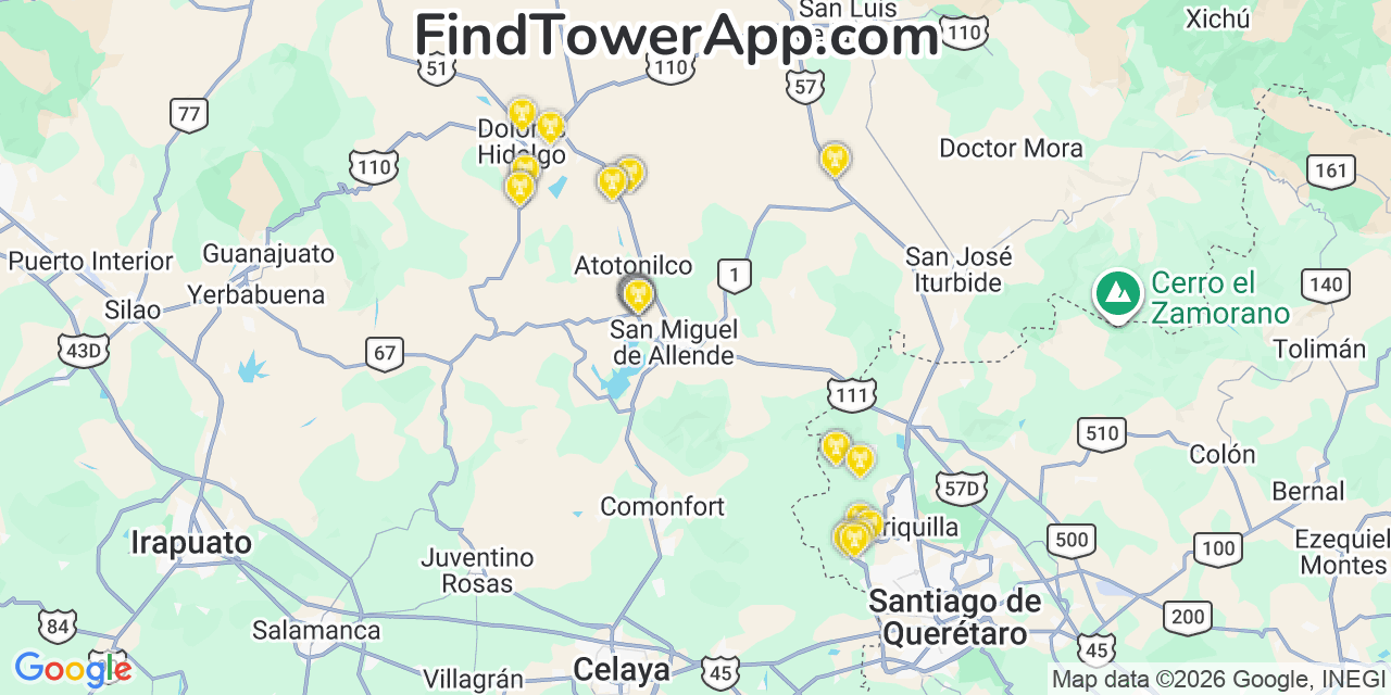Map showing the 36 primary Altan Redes cell tower locations in San Miguel De Allende, Mexico