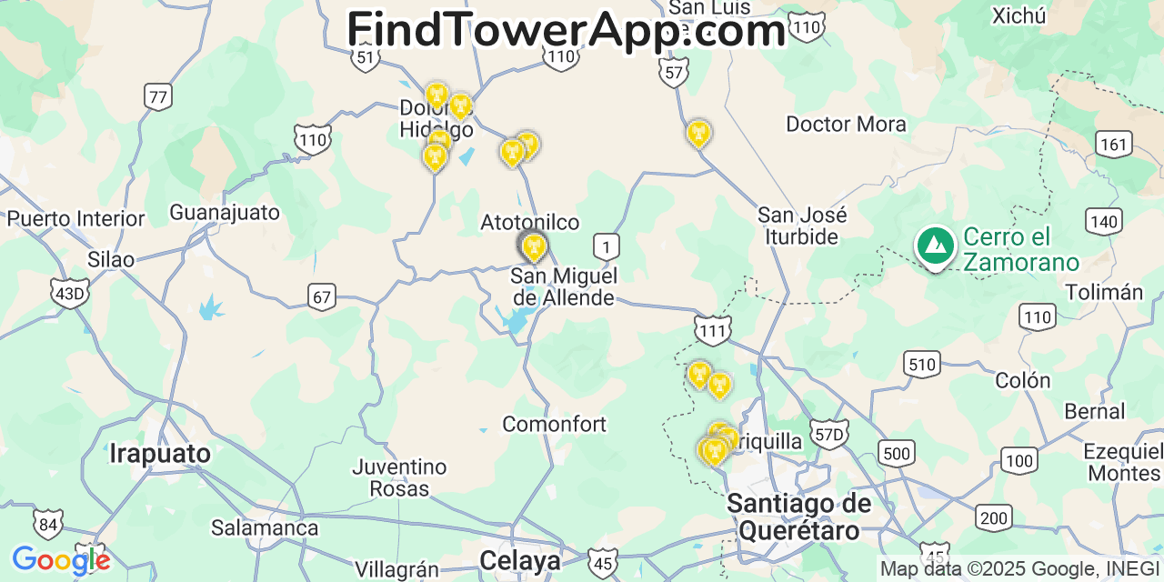 Map showing the 36 primary Altán Redes S.A.P.I. de C.V. cell tower locations in San Miguel De Allende, Mexico