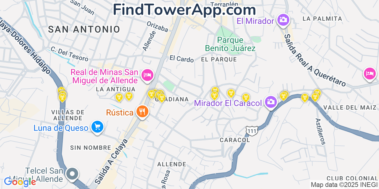 Map showing the 20 primary cell tower locations detected in San Miguel De Allende, Mexico with coverage areas and signal strength