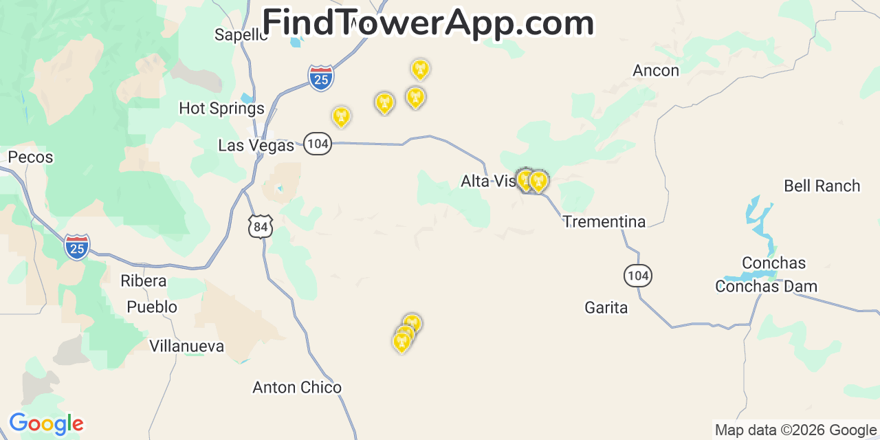 Map showing the 20 primary cell tower locations detected in San Miguel, New Mexico from AT&T, Verizon, and T-Mobile networks
