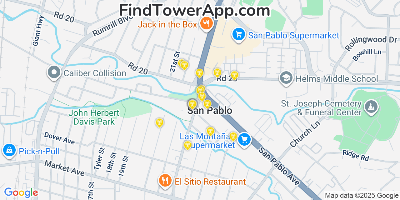 Map showing the 20 primary cell tower locations detected in San Pablo, California from AT&T, Verizon, and T-Mobile networks