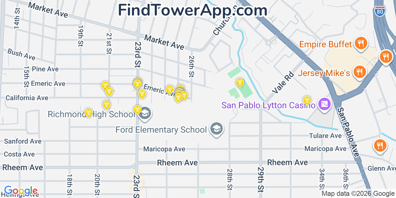 Map showing the 20 primary cell tower locations detected in San Pablo, California from AT&T, Verizon, and T-Mobile networks