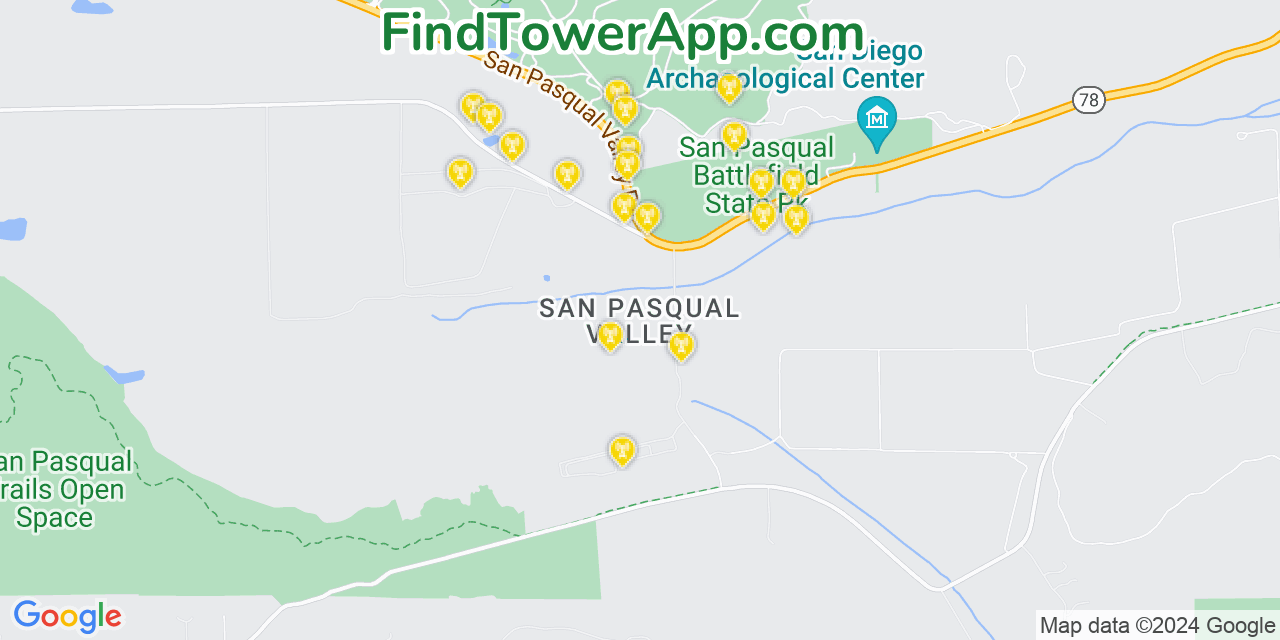 AT&T 4G/5G cell tower coverage map San Pasqual, California