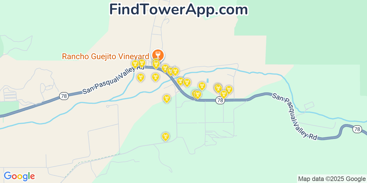 Map showing the 20 primary cell tower locations detected in San Pasqual, California from AT&T, Verizon, and T-Mobile networks