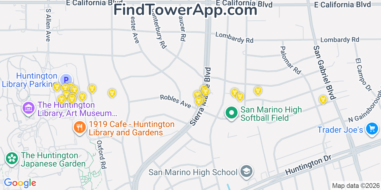 Map showing the 20 primary cell tower locations detected in San Pasqual, California from AT&T, Verizon, and T-Mobile networks