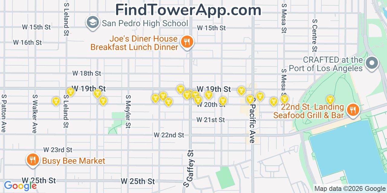Map showing the 20 primary cell tower locations detected in San Pedro, California from AT&T, Verizon, and T-Mobile networks