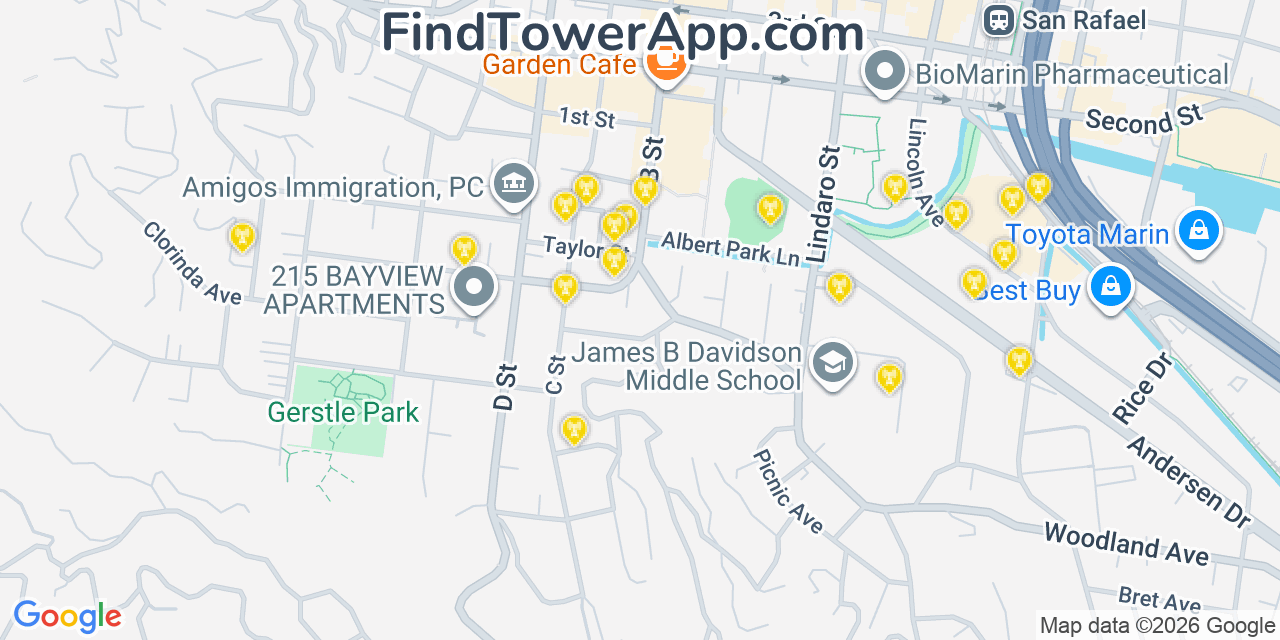 Map showing the 20 primary cell tower locations detected in San Rafael, California from AT&T, Verizon, and T-Mobile networks