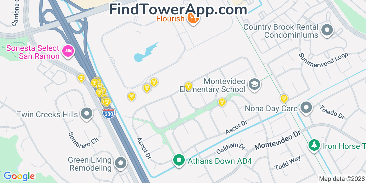 Map showing the 20 primary cell tower locations detected in San Ramon, California from AT&T, Verizon, and T-Mobile networks