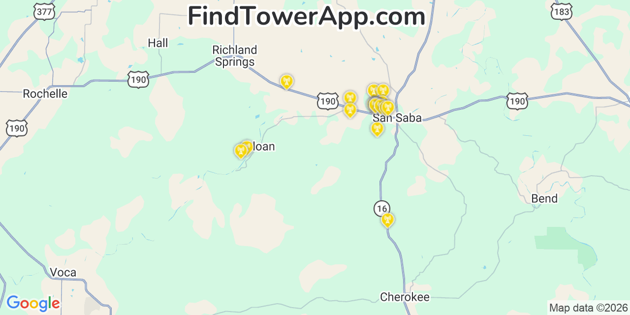 Map showing the 20 primary cell tower locations detected in San Saba, Texas from AT&T, Verizon, and T-Mobile networks