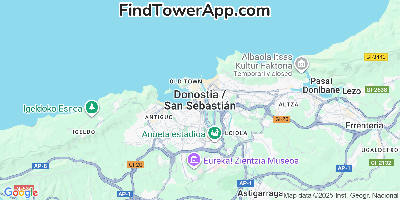 Map showing the 0 primary LycaMobile cell tower locations detected in San Sebastian, Spain with coverage radius and signal strength indicators
