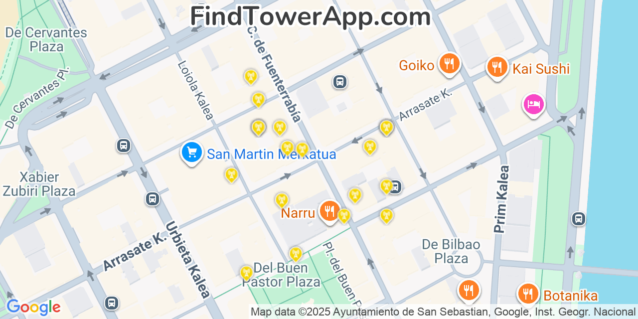 San-Sebastian Cell Towers, Spain - FindTower App Coverage Maps