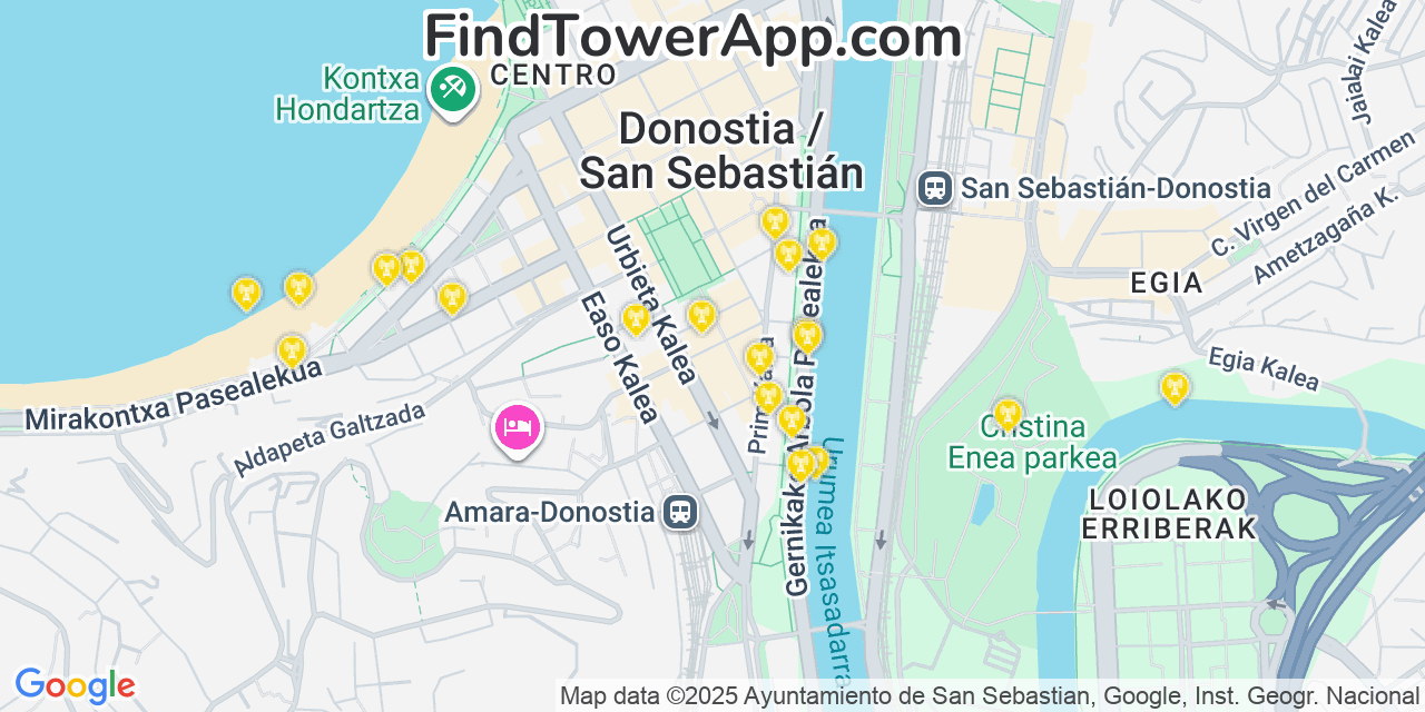Map showing the 20 primary cell tower locations detected in San Sebastian, Spain with coverage areas and signal strength