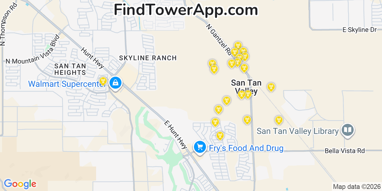 Map showing the 20 primary cell tower locations detected in San Tan Valley, Arizona from AT&T, Verizon, and T-Mobile networks