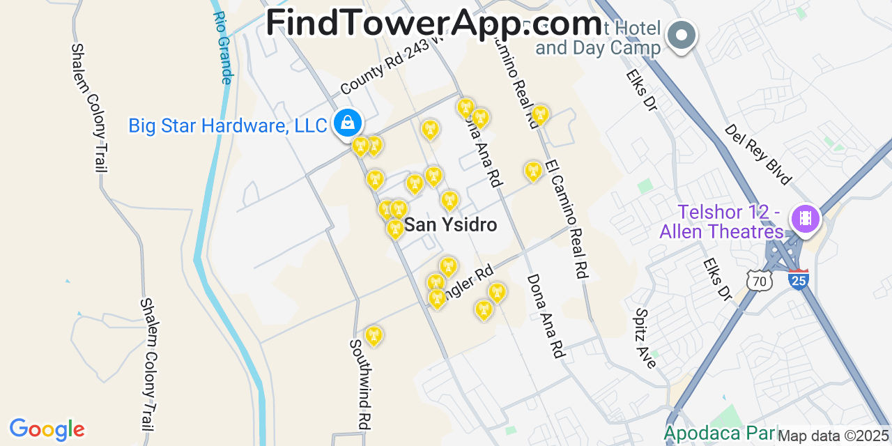 Map showing the 20 primary cell tower locations detected in San Ysidro, New Mexico from AT&T, Verizon, and T-Mobile networks