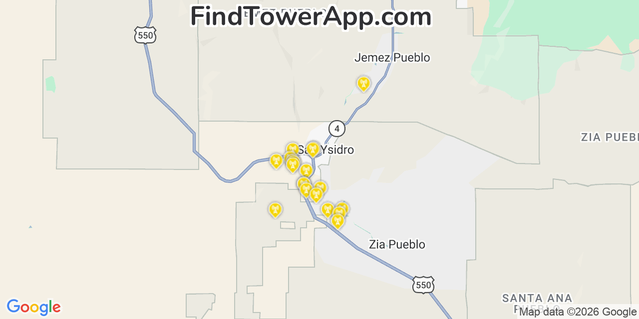 Map showing the 20 primary cell tower locations detected in San Ysidro, New Mexico from AT&T, Verizon, and T-Mobile networks