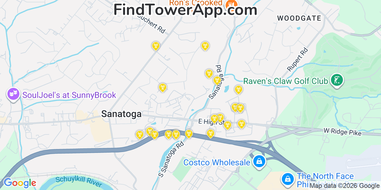 Map showing the 20 primary cell tower locations detected in Sanatoga, Pennsylvania from AT&T, Verizon, and T-Mobile networks