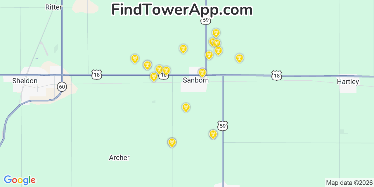 Map showing the 20 primary cell tower locations detected in Sanborn, Iowa from AT&T, Verizon, and T-Mobile networks