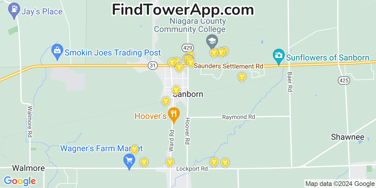 AT&T 4G/5G cell tower coverage map Sanborn, New York