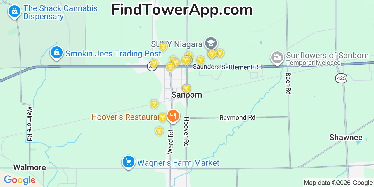 Map showing the 20 primary cell tower locations detected in Sanborn, New York from AT&T, Verizon, and T-Mobile networks