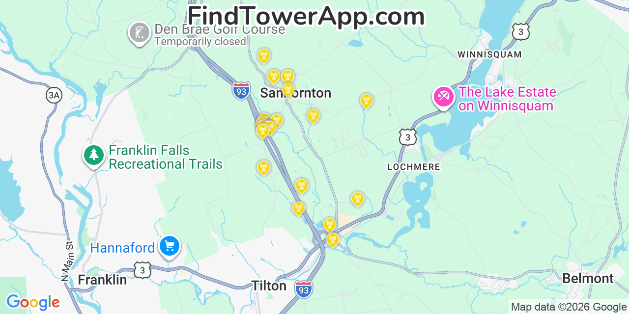 Map showing the 20 primary cell tower locations detected in Sanbornton, New Hampshire from AT&T, Verizon, and T-Mobile networks