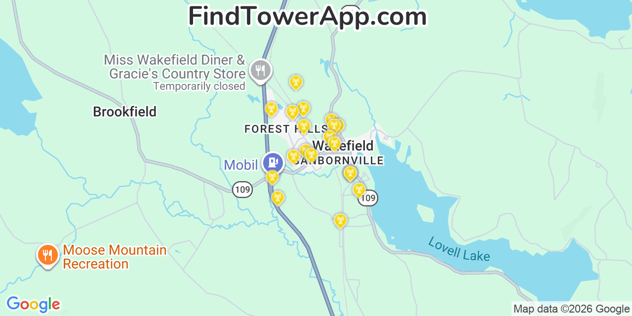 Map showing the 20 primary cell tower locations detected in Sanbornville, New Hampshire from AT&T, Verizon, and T-Mobile networks