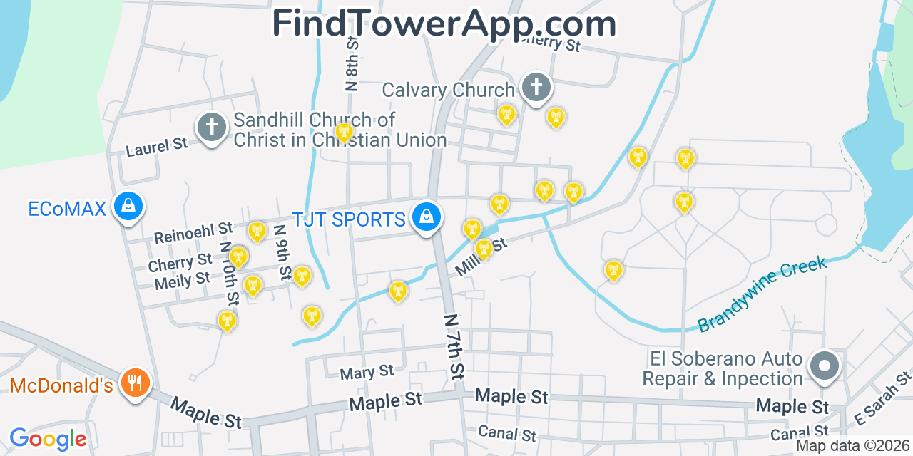 Map showing the 20 primary cell tower locations detected in Sand Hill, Pennsylvania from AT&T, Verizon, and T-Mobile networks