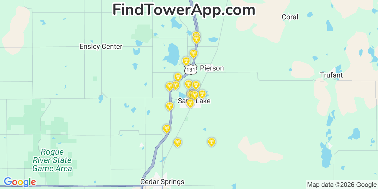 Map showing the 20 primary cell tower locations detected in Sand Lake, Michigan from AT&T, Verizon, and T-Mobile networks