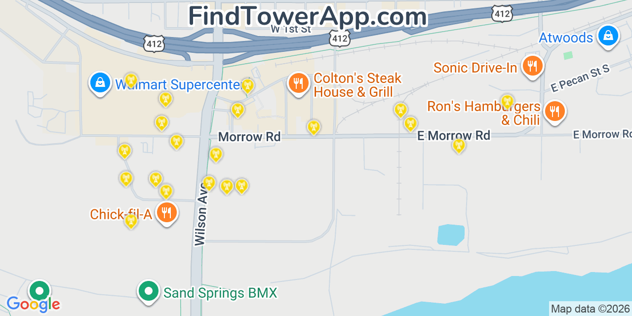 Map showing the 20 primary cell tower locations detected in Sand Springs, Oklahoma from AT&T, Verizon, and T-Mobile networks