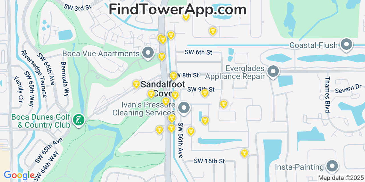Map showing the 20 primary cell tower locations detected in Sandalfoot Cove, Florida from AT&T, Verizon, and T-Mobile networks