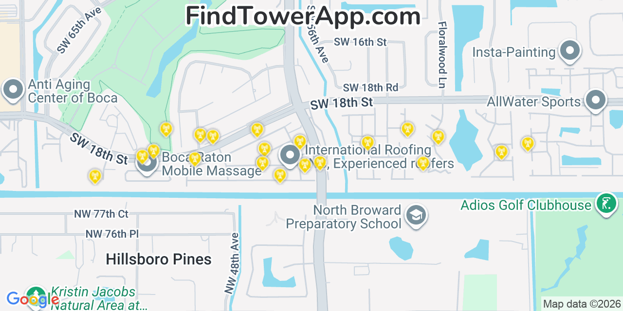 Map showing the 20 primary cell tower locations detected in Sandalfoot Cove, Florida from AT&T, Verizon, and T-Mobile networks