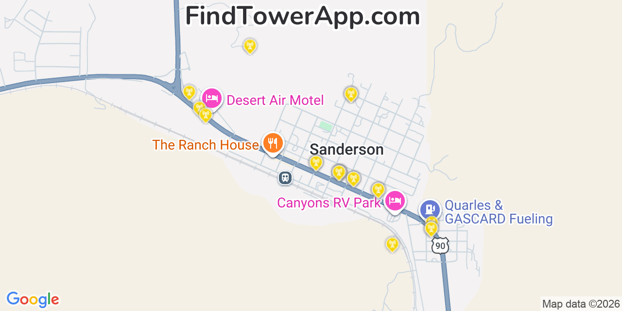 Map showing the 20 primary cell tower locations detected in Sanderson, Texas from AT&T, Verizon, and T-Mobile networks
