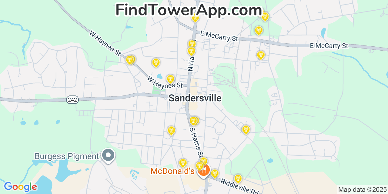 Map showing the 20 primary cell tower locations detected in Sandersville, Georgia from AT&T, Verizon, and T-Mobile networks