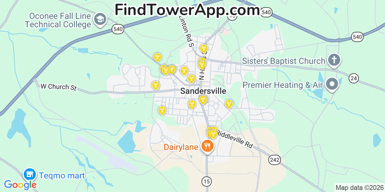 Map showing the 20 primary cell tower locations detected in Sandersville, Georgia from AT&T, Verizon, and T-Mobile networks