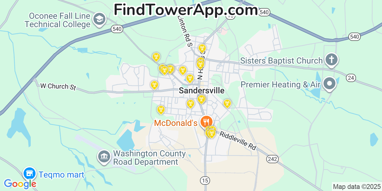Map showing the 20 primary Mobitel cell tower locations detected in Sandersville, Georgia with coverage radius and signal strength indicators