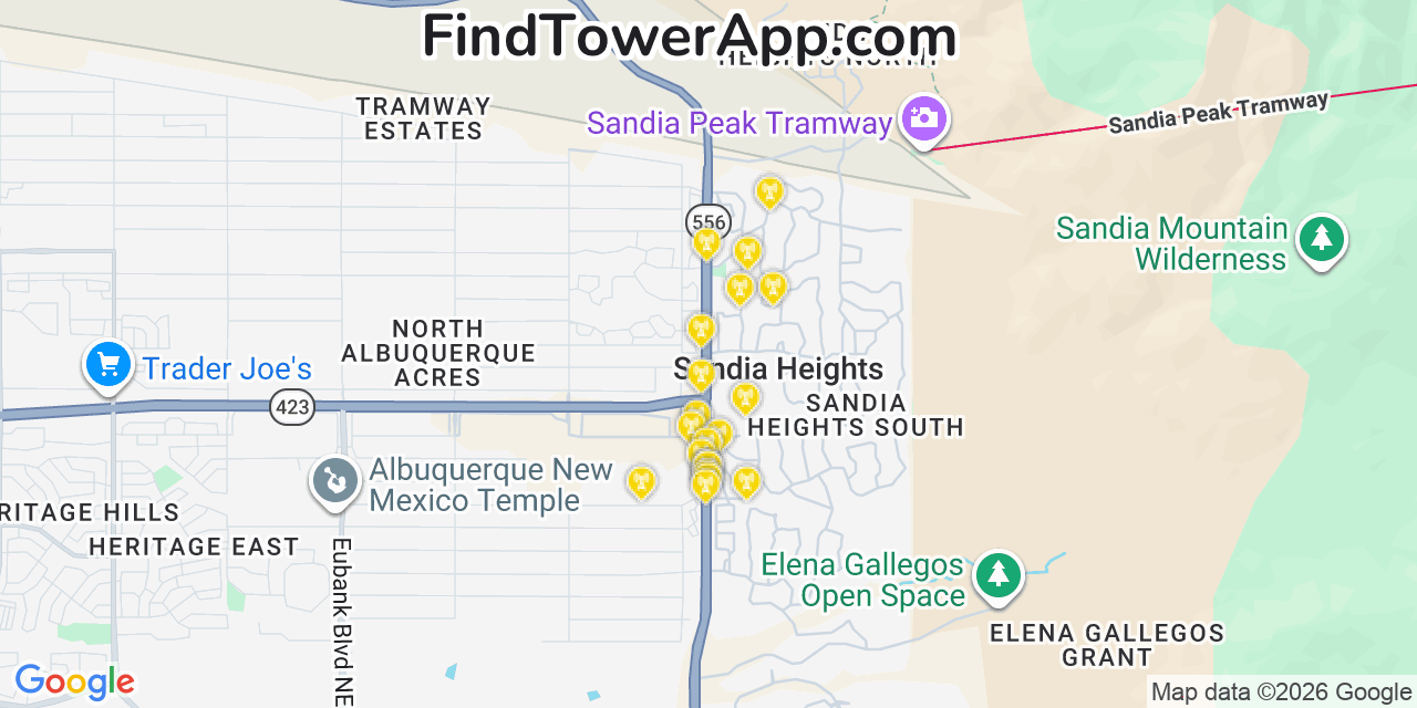 Map showing the 20 primary cell tower locations detected in Sandia Heights, New Mexico from AT&T, Verizon, and T-Mobile networks