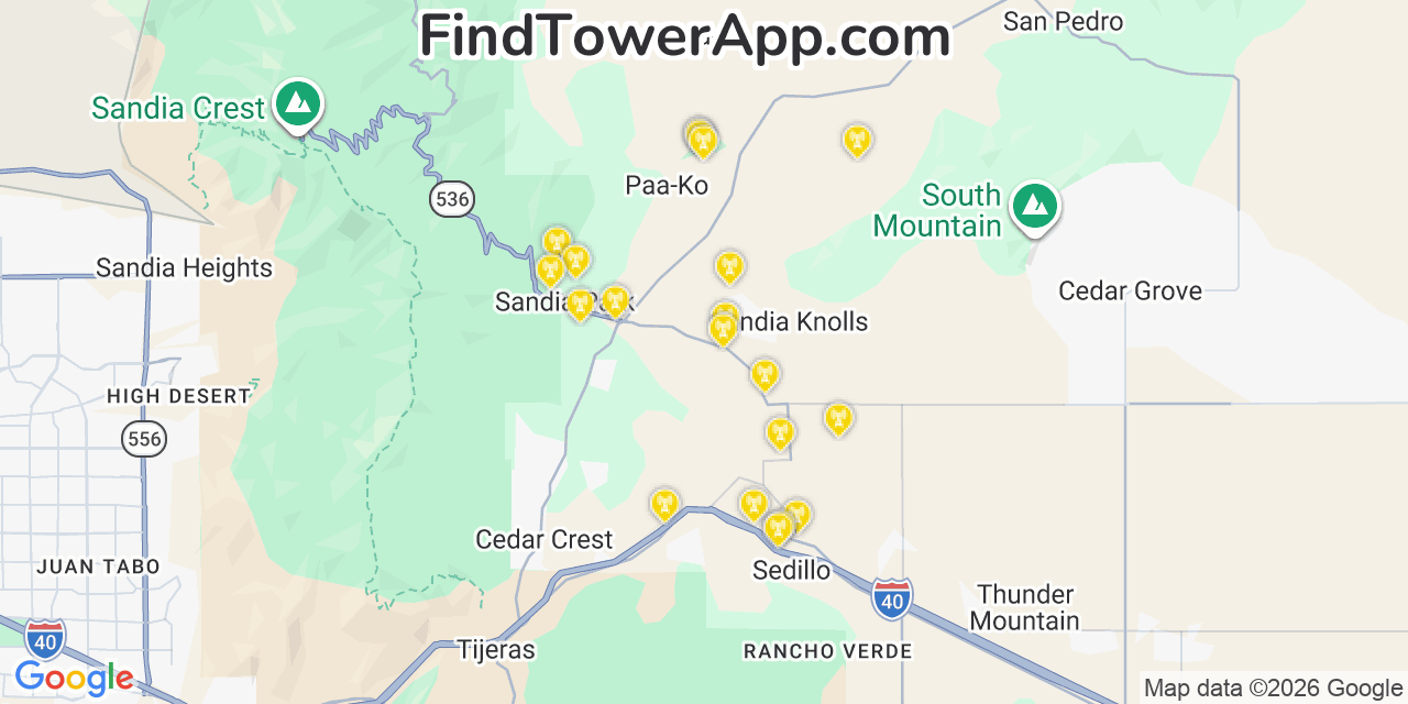 Map showing the 20 primary cell tower locations detected in Sandia Knolls, New Mexico from AT&T, Verizon, and T-Mobile networks